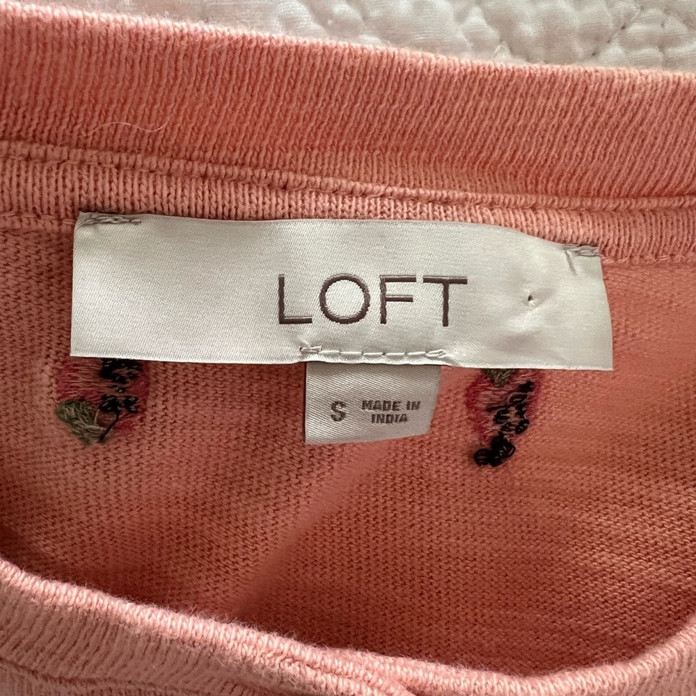 LOFT Women’s Embroidered Strawberry Henley Long Sleeves Lightweight Sweatshirt - Picture 2 of 7
